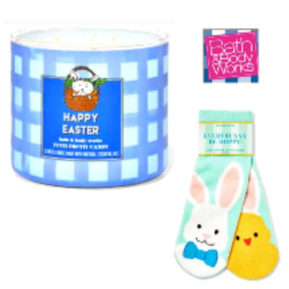 Bath Body Works  Tutti Fruity 3 Wick Candle & BBW Fuzzy Easter Socks